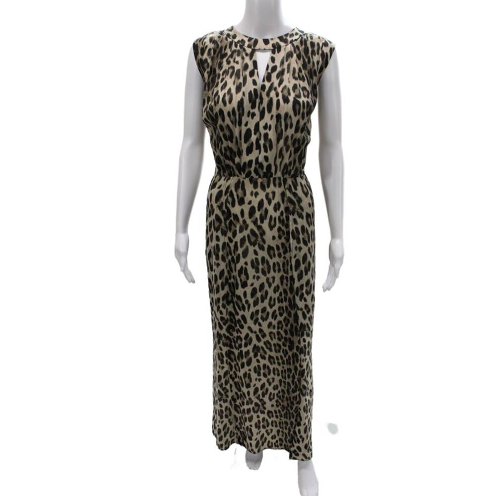 L'Agence Womens Silk Animal Print Midi Dress Sleeveless Round Neck Beige Size M